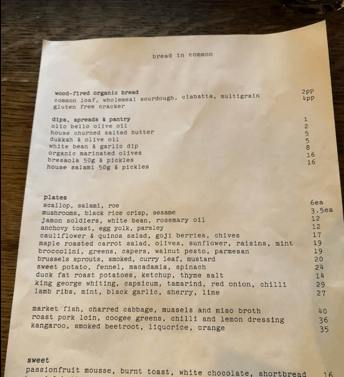 Bread in Common Restaurant, Menu, Perth